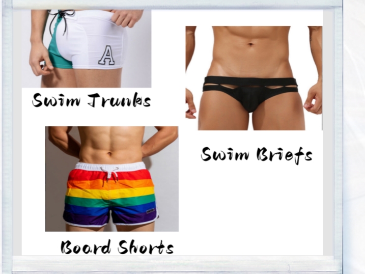 swim brief, trunks and board shorts